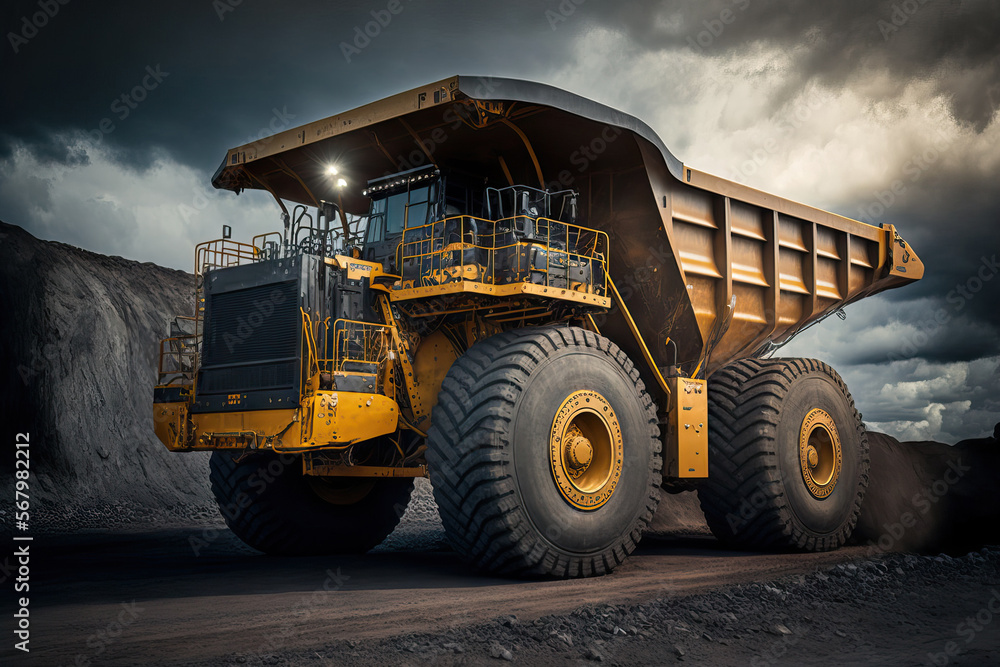 a big dump truck for quarries at a coal mine. coal is loaded into a truck for body work. transporting materials with mining machinery. Generative AI