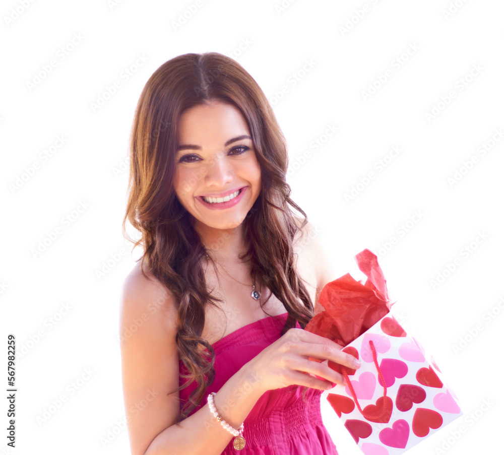 Woman portrait, valentines gift and isolated on a white background in happy mockup for beautiful bag. Pink and red hearts on present or package, young model or person in studio love, date and holiday Woman portrait, valentines gift and isolated on a white background in happy mockup for beautiful bag. Pink and red hearts on present or package, young model or person in studio love, date and holiday