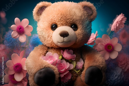 Valentine's day love themed teddy bear holding flowers, generative ai