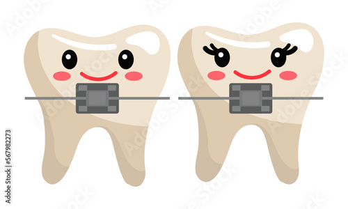 Cute teeth with smiley faces, fastened with briquettes. Clean, even, joyful teeth with emotions. A girl and a boy and an inscription. Teeth in a flat style on a white background