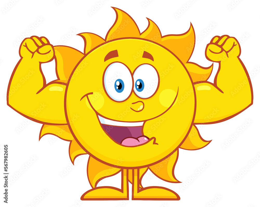Happy Sun Cartoon Mascot Character Showing Muscle Arms. Hand Drawn Illustration Isolated On Transparent Background