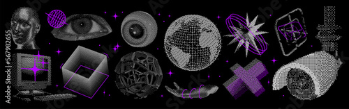 Graphic elements for design. Universal abstract geometric shapes with dither effect, retro futuristic pixelated objects. 3D star, human head, surveillance camera, eyes. Vector bitmap set