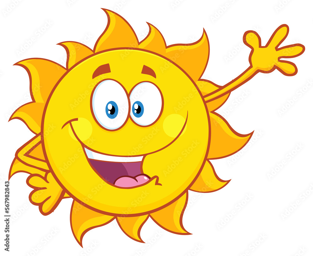 Smiling Sun Cartoon Mascot Character With Sunglasses Waving For Greeting. Hand Drawn Illustration Isolated On Transparent Background