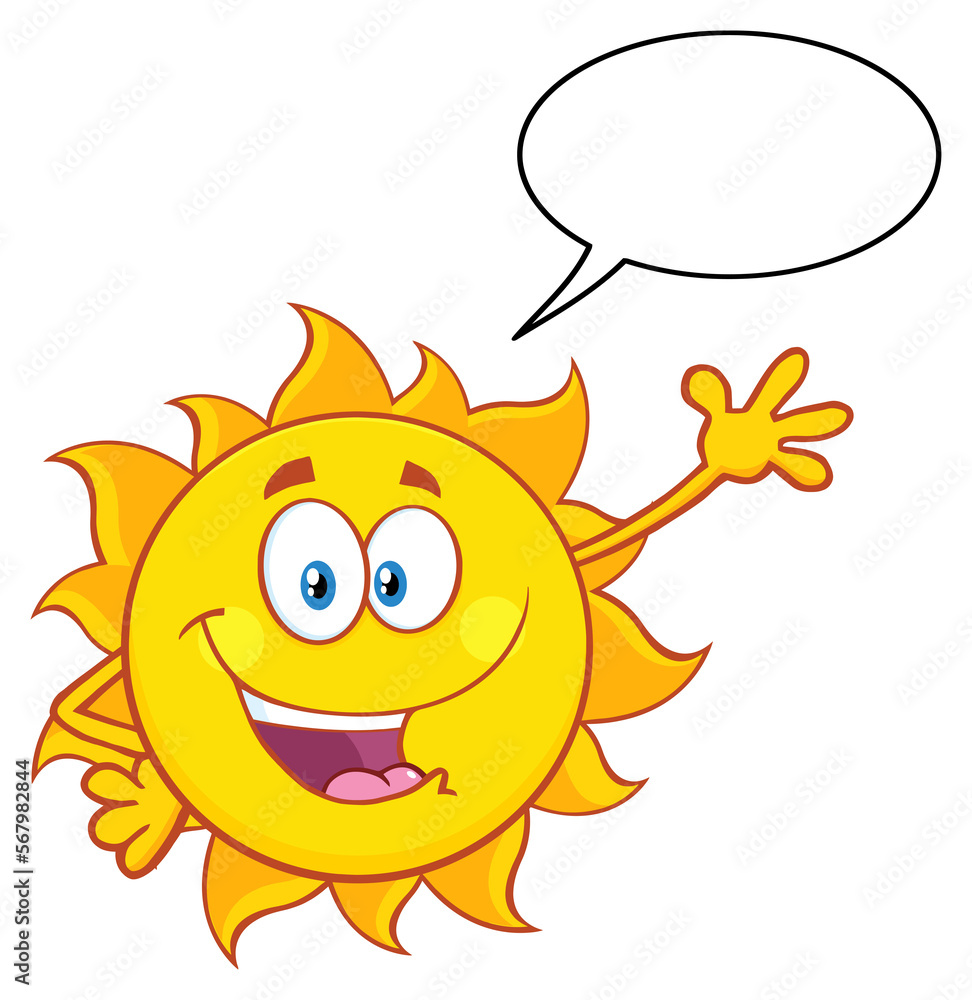 Happy Sun Cartoon Mascot Character Waving For Greeting With Speech Bubble. Hand Drawn Illustration Isolated On Transparent Background Happy Sun Cartoon Mascot Character Waving For Greeting With Speech Bubble. Hand Drawn Illustration Isolated On Transparent Background
