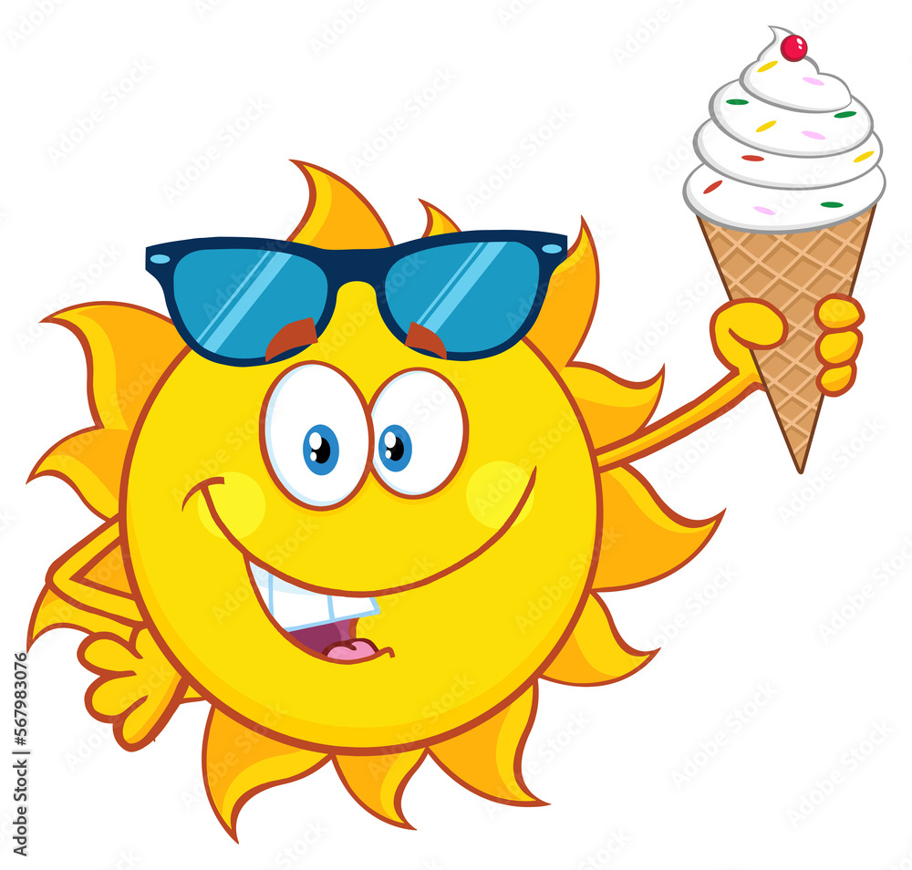 Cute Sun Cartoon Mascot Character With Sunglasses Holding A Ice Cream Showing Thumb Up. Hand Drawn Illustration Isolated On Transparent Background