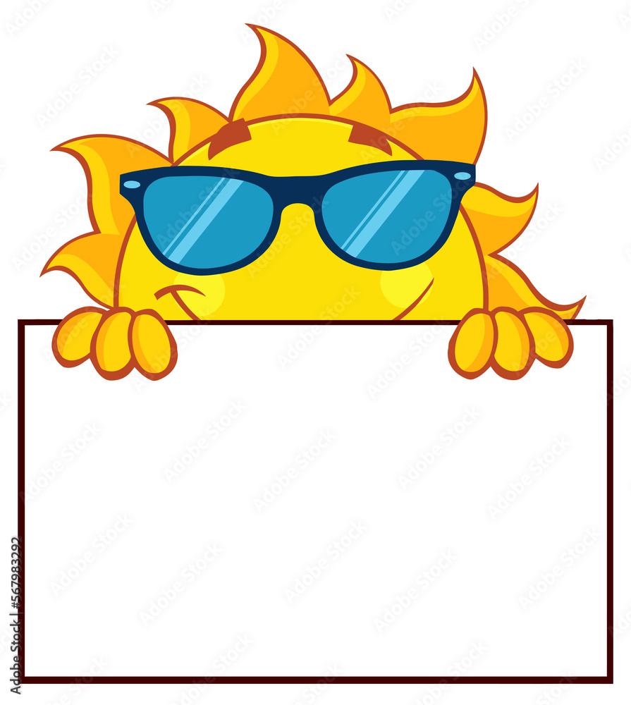 Cheerful Sun Cartoon Mascot Character With Sunglasses Over A Sign Blank Board. Hand Drawn Illustration Isolated On Transparent Background
