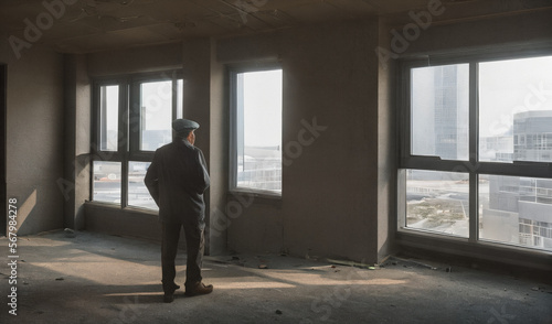 View of an old man in an abandoned soviet nuclear power plant with giant windows in the background - AI Generative © Fernando