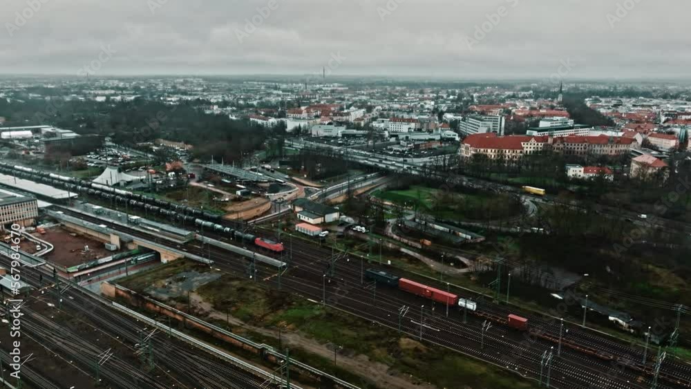 Drone shot of a train at Magdeburg main railway station , Foggy weather . Drone shot of a train at Magdeburg main railway station , Foggy weather .