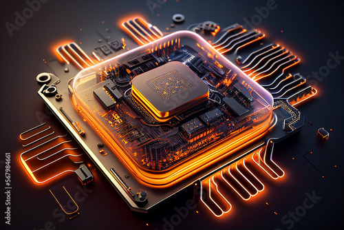 Advanced Technology Concept with Microchip. Orange Neon Data flows from the CPU across a Futuristic Motherboard