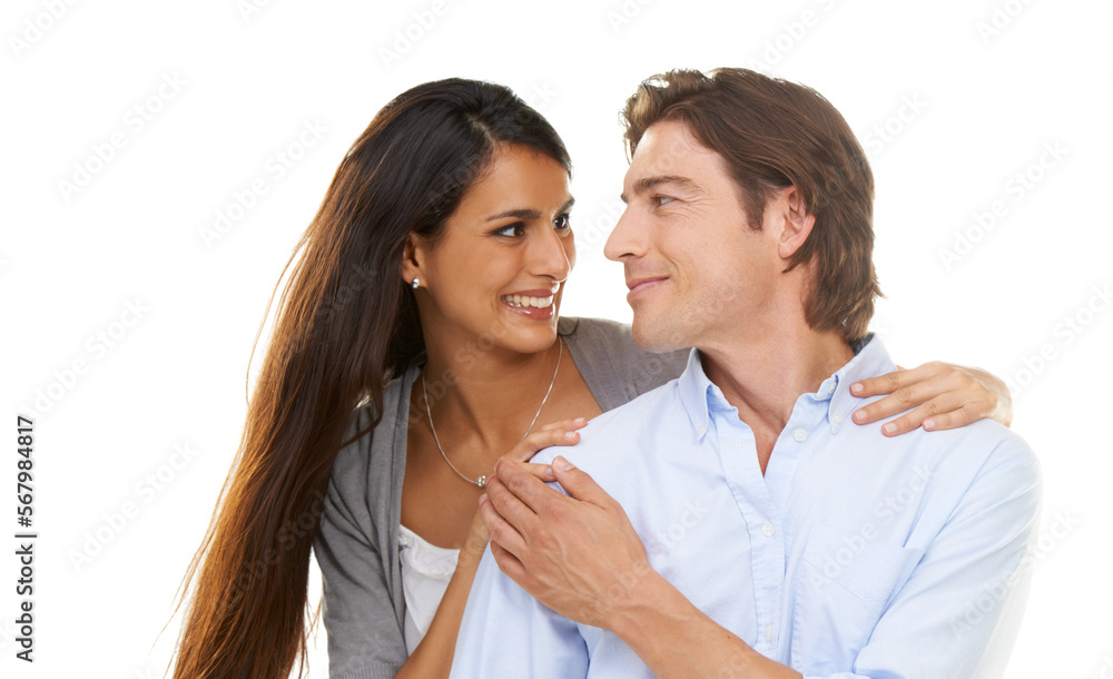 Happy, love and couple hug in studio, smile and relax while bonding on white background. Interracial, marriage and moment by man with woman for valentines day, embrace and enjoy relationship isolated Happy, love and couple hug in studio, smile and relax while bonding on white background. Interracial, marriage and moment by man with woman for valentines day, embrace and enjoy relationship isolated