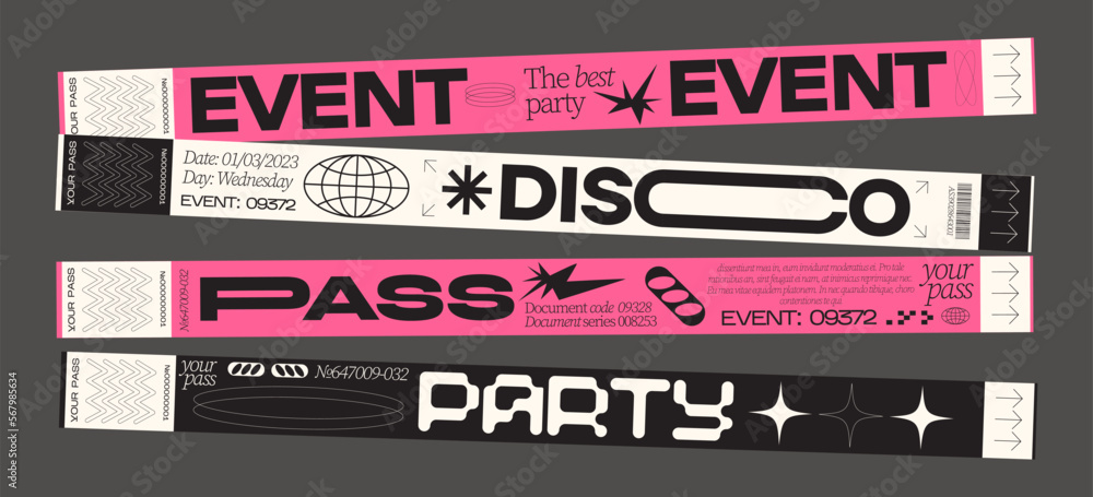 Control ticket bracelets for events, disco, festival, fan zone, party, staff. Vector mockup of a festival bracelet in a futuristic style - obrazy, fototapety, plakaty 