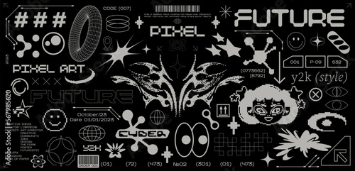 Cyberpunk futuristic shape design elements. Large collection of abstract graphic retro geometric symbols and objects in 2000 style. Templates for notes, posters, banners, stickers, business cards,logo