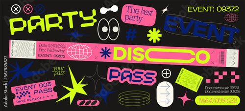 Collection of various for party patches , labels, tags, stickers,tickets bracelet stamps in retro style. Stickers in funky hipster futuristic style in 90s style. Vector set, trendy promo labels