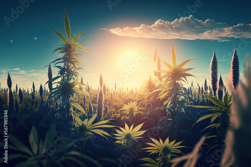 marijuana plants in a field with a blue sky and the sun in the distance. Generative AI