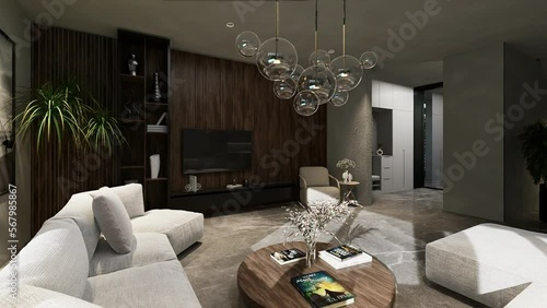 Interior design, modern living room, open space in a luxury modern house. 3D video.