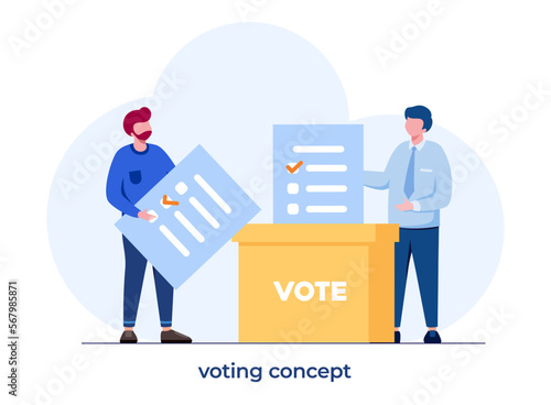 Men throw voting lists to a ballot box. voting concept, freedom of choices, democracy concept. Flat vector illustration.