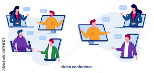 Online meeting concept. People on computer screen taking with colleague. Videoconferencing and online meeting workspace vector page photo