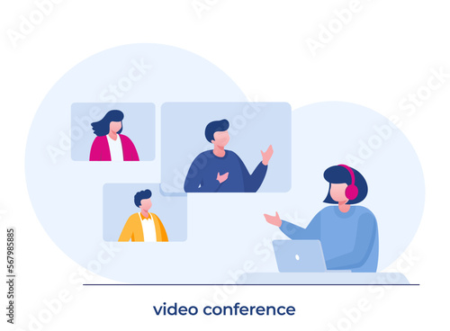 Online meeting concept. People on computer screen taking with colleague. Videoconferencing and online meeting workspace vector page