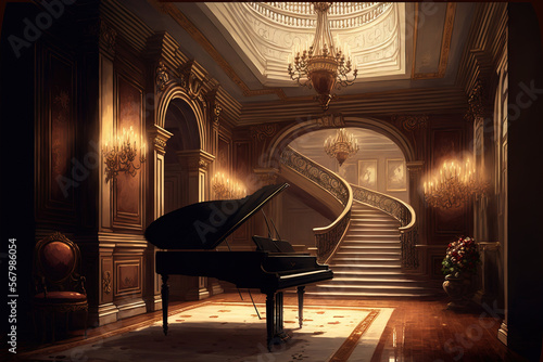 In the hallway, a grand piano and a chair. Generative AI