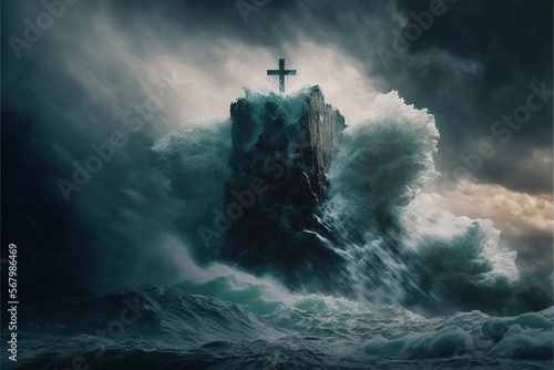 Print op canvas A cross on a rock in the middle of a large ocean with a huge wave crashing over