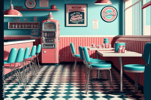 Retro cafe, american diner interior with tables. AI photo