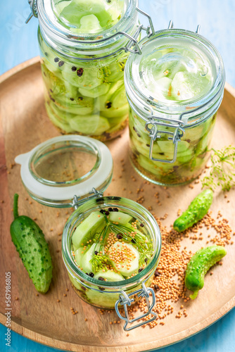 Homemade canned cucumber with dill and allspice.