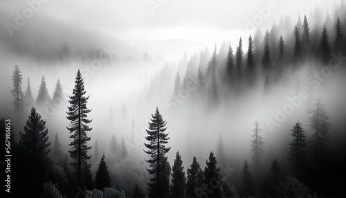 Forest landscape view from above, foggy forest, Monochromatic