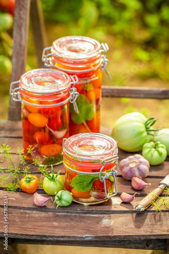 Homemade and natural pickled tomatoes in summer greenhouse