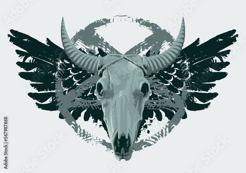 vector bunner sign with cow skulls with wings. black spots and an inverted pentagram star. Graphic print for clothes, fabric, wallpaper, wrapping paper, design element for halloween party
