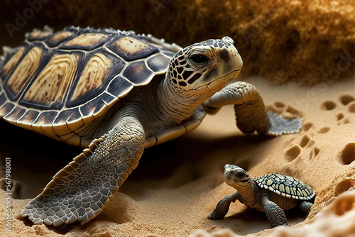 Sea turtle, Caretta caretta, gives birth to a cute baby on a sand beach in Bahia, Brazil. Small Hawksbill and Loggerhead turtle hatchlings are released into the ocean by Ocean Live. a newborn wild tor photo