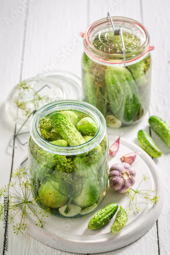 Natural and healthy pickled cucumber with garlic, salt and dill.