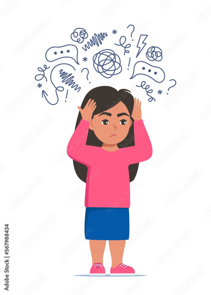 Sad girl standing on floor surrounded by stream of anxious thoughts. Autism, child stress, mental disorder, anxiety, depression, stress, headache. Child plugged ears with hands. Vector illustration. Sad girl standing on floor surrounded by stream of anxious thoughts. Autism, child stress, mental disorder, anxiety, depression, stress, headache. Child plugged ears with hands. Vector illustration.