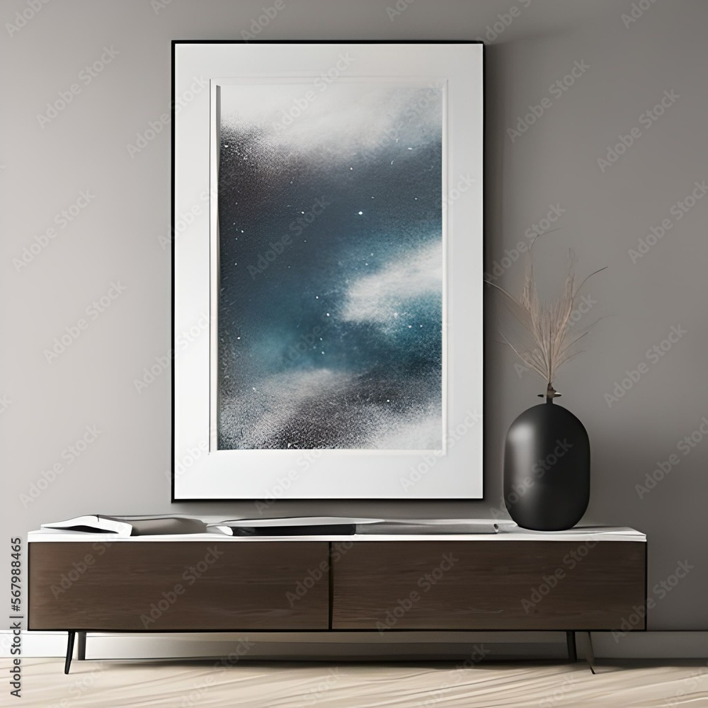 Fototapeta premium Mockup dark brown wooden design table with elements on it, a large painting on top