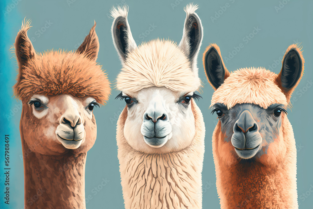 On a background of a clear sky, there are three amusing alpacas together. camelid from South America. Generative AI