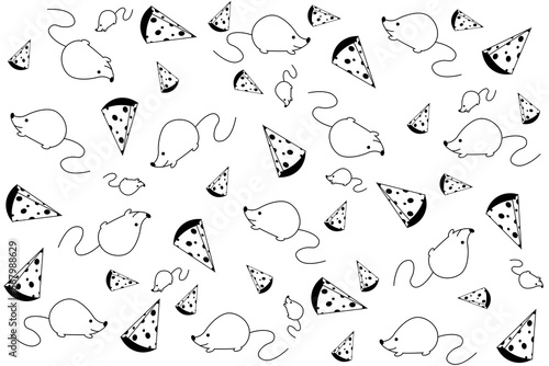 Seamless pattern with slices of cheese and mouse on white background. Endless backdrop with outline cheese and rodent with editable stroke. Wallpaper and bed linen print. Marketing material.