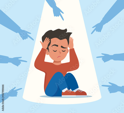 Sad or depressed boy kid surrounded by hands with index fingers pointing at him. Social bullying concept. Public trolling, shaming. Vector illustration.