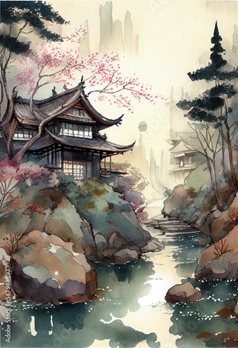 Japanese landscape in watercolor with a fairy garden feel and a muted color palette. AI generated art illustration.	
