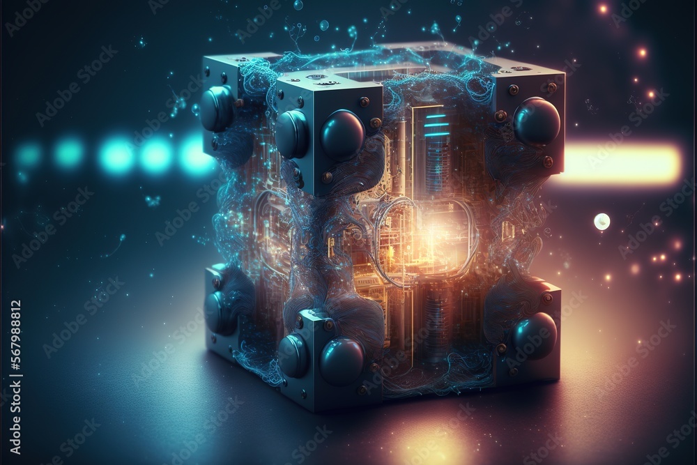 A cube with a glowing light inside of it on a table with a blue ...