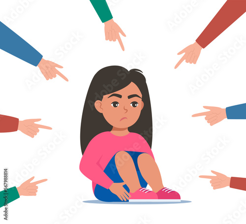 Sad or depressed girl kid surrounded by hands with index fingers pointing at her. Social bullying concept. Public trolling, shaming. Vector illustration.