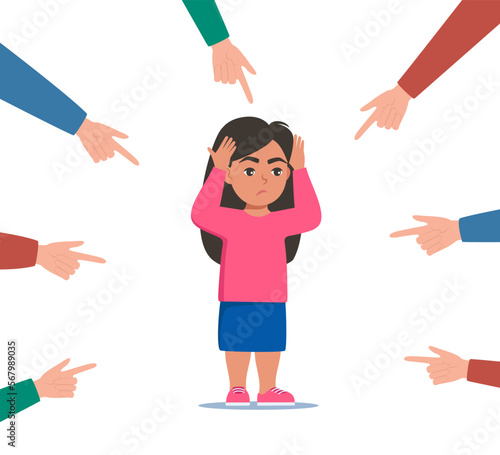 Sad or depressed girl kid surrounded by hands with index fingers pointing at her. Social bullying concept. Public trolling, shaming. Vector illustration.