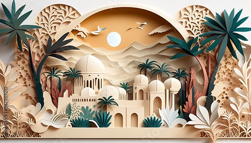 Luxury ramadan background with mosque decoration element in paper cut style. Generative AI photo