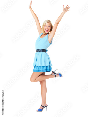 Isolated, success and freedom with portrait of woman and mockup for celebration, motivation and success. Smile, happy and goals with girl on white background studio for party, confident and energy