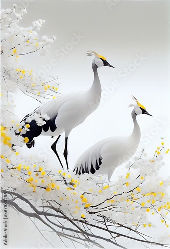 Beautiful spring landscapes  amazing nature  fog  a pair of beautiful white cranes. AI generated art illustration.