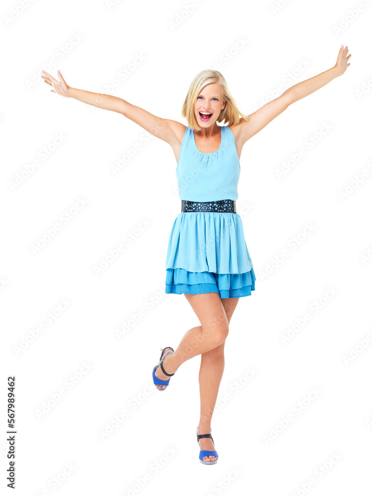 Isolated, happy and wow with portrait of woman and mockup for celebration, motivation and success. Freedom, smile and goals with girl on white background studio for party, confident and energy Isolated, happy and wow with portrait of woman and mockup for celebration, motivation and success. Freedom, smile and goals with girl on white background studio for party, confident and energy