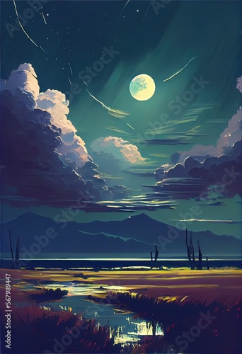 A peaceful soothing landscape at night, a field of wheat, a dark night sky with moon, clouds, and stars bright colors. AI generated art illustration.