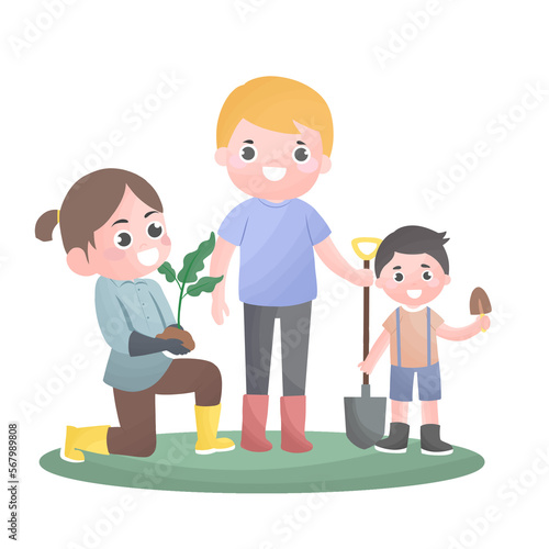 Man  woman  girl planting trees  Cartoon illustration with father  mother and daughter plant tree in their garden  Happy family planting outdoors.