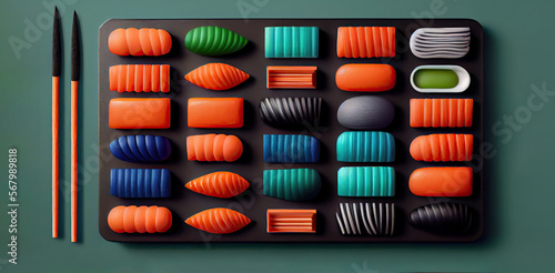 Soft pop 3D clay, delicious sushi on a colorful minimal cutlery arrangement in cartoon style. For food lovers and sushi enthusiasts. Vibrant colors, ppetizing scene. With copy space. Generative AI. photo