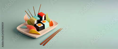 Soft pop 3D clay, delicious sushi on a colorful minimal cutlery arrangement in cartoon style. For food lovers and sushi enthusiasts. Vibrant colors, ppetizing scene. With copy space. Generative AI.