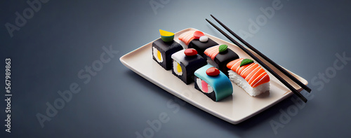 Soft pop 3D clay, delicious sushi on a colorful minimal cutlery arrangement in cartoon style. For food lovers and sushi enthusiasts. Vibrant colors, ppetizing scene. With copy space. Generative AI. photo