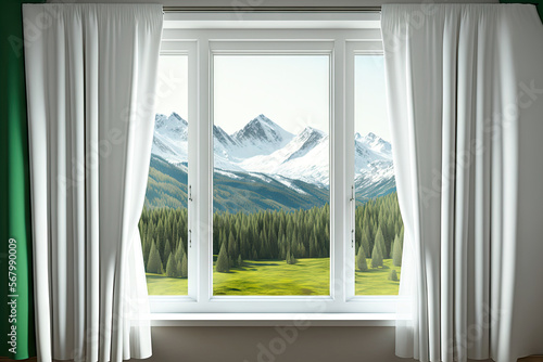 Big wide panoramic window mockup with white curtains, view on green mountains landscape, 3d illustration. Generative AI
